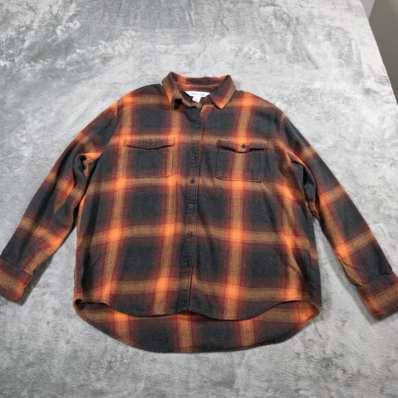 Old Navy Shirt Womens S Orange Boyfriend Plaid Flannel Evermore Inspired Swiftie - Picture 3 of 9